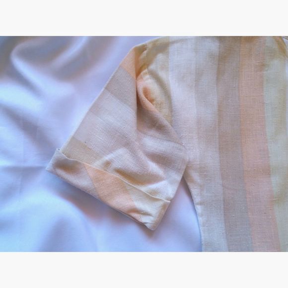 Cabrais Vintage Linen Short Sleeve Striped Neutrals Beach Short Sleeve Top L XL - Picture 4 of 10